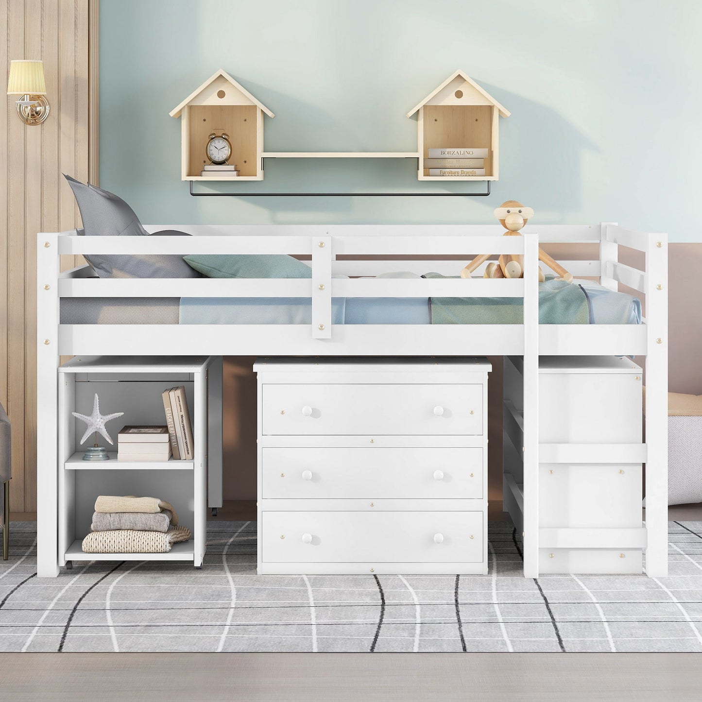 Full Loft Low Study Bed With Cabinet, Shelves And Rolling Portable Desk, Multiple Functions - White