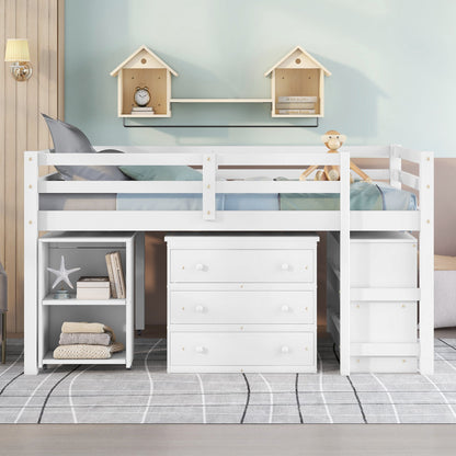 Full Loft Low Study Bed With Cabinet, Shelves And Rolling Portable Desk, Multiple Functions - White