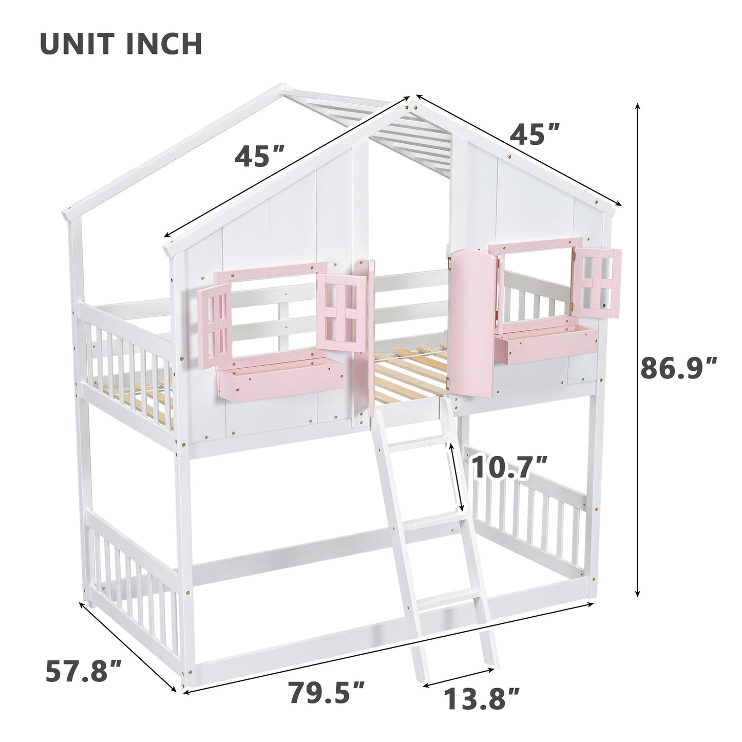 Twin Over Twin House Bunk Bed With Roof, Window, Window Box, Door, With Safety Guardrails And Ladder - Pink / White
