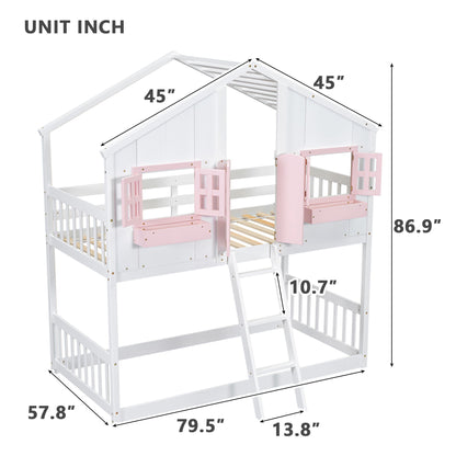 Twin Over Twin House Bunk Bed With Roof, Window, Window Box, Door, With Safety Guardrails And Ladder - Pink / White