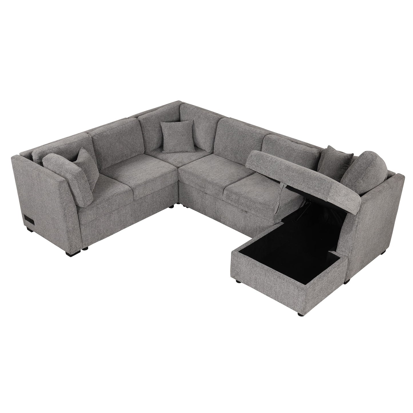 U-Shaped Sectional Sofa Pull Out Sofa Bed With Two USB Ports, Two Power Sockets, Three Back Pillows And A Storage Chaise For Living Room - Light Gray