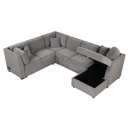 U-Shaped Sectional Sofa Pull Out Sofa Bed With Two USB Ports, Two Power Sockets, Three Back Pillows And A Storage Chaise For Living Room - Light Gray