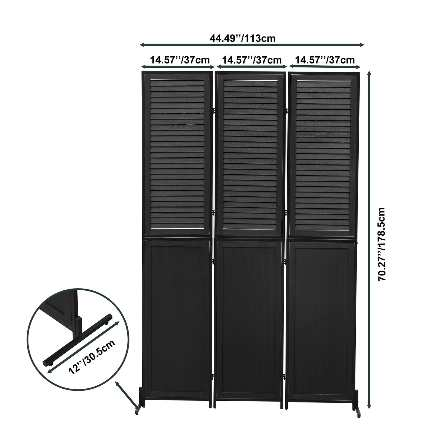 Rustic 3 Panel Room Divider 6Ft Wood Folding Privacy Screen With Metal Frame And Louver Design - Black