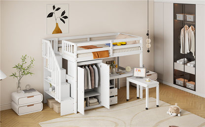 Twin Size Loft Bed With Stairs, Bookshelf, Drawers, Desk & Wardrobe, Space Saving Multifunctional Furniture - White