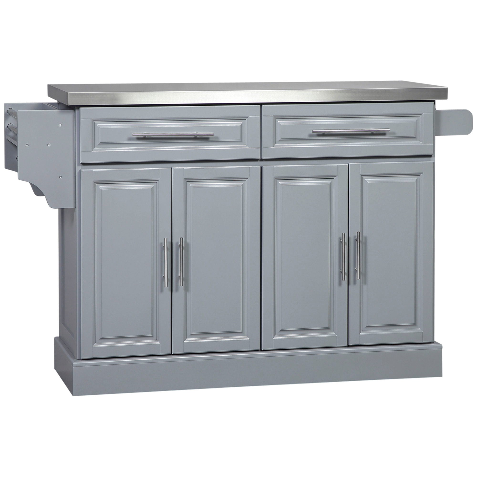 Homcom - Rolling Kitchen Island With Storage, Portable Kitchen Cart With Stainless Steel Top, 2 Drawers, Spice, Knife And Towel Rack And Cabinets - Gray