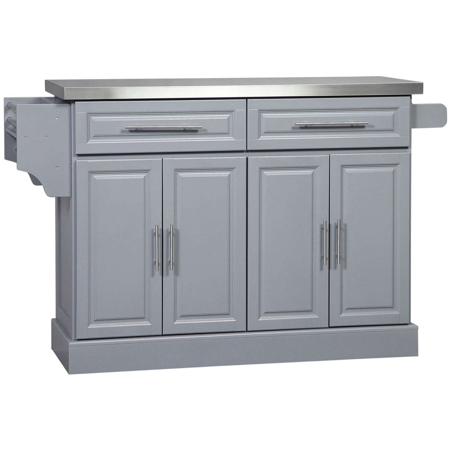 Homcom - Rolling Kitchen Island With Storage, Portable Kitchen Cart With Stainless Steel Top, 2 Drawers, Spice, Knife And Towel Rack And Cabinets - Gray