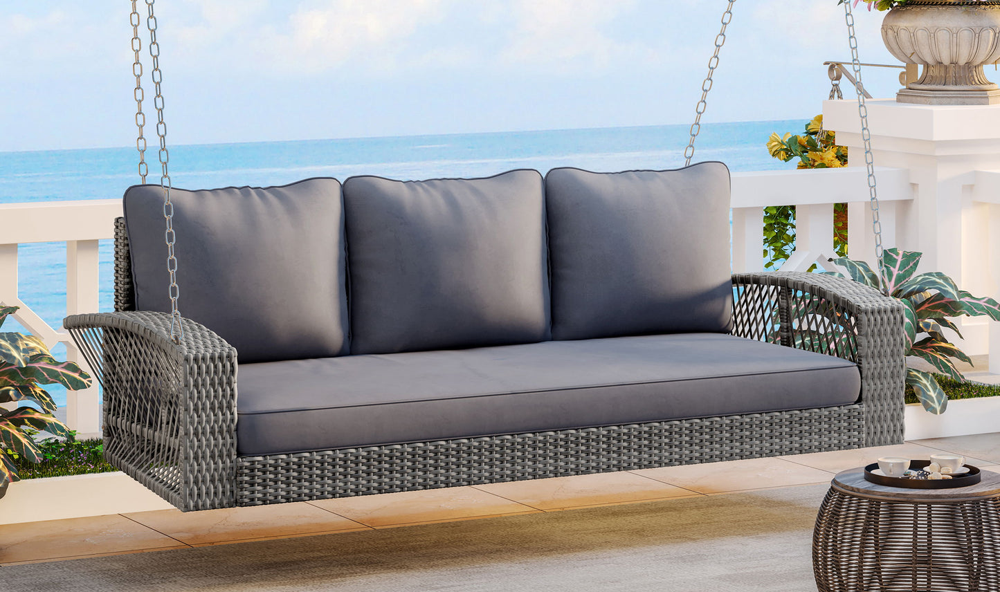 3 Person Porch Swing With Chains, Large Patio Swing Bench With Cushions For Backyard, Garden, And Poolside - Gray
