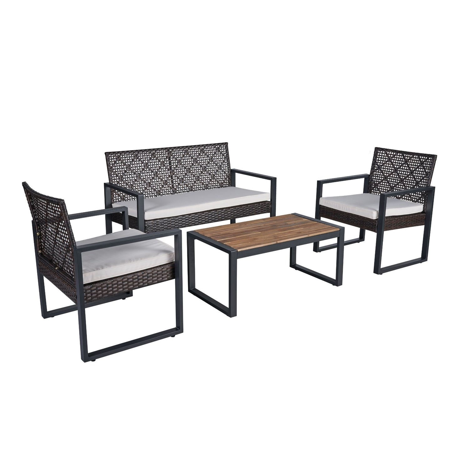 Modern 4 Piece Patio Furniture Set With Acacia Wood Table Top And Beige Cushions - Brown