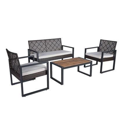 Modern 4 Piece Patio Furniture Set With Acacia Wood Table Top And Beige Cushions - Brown