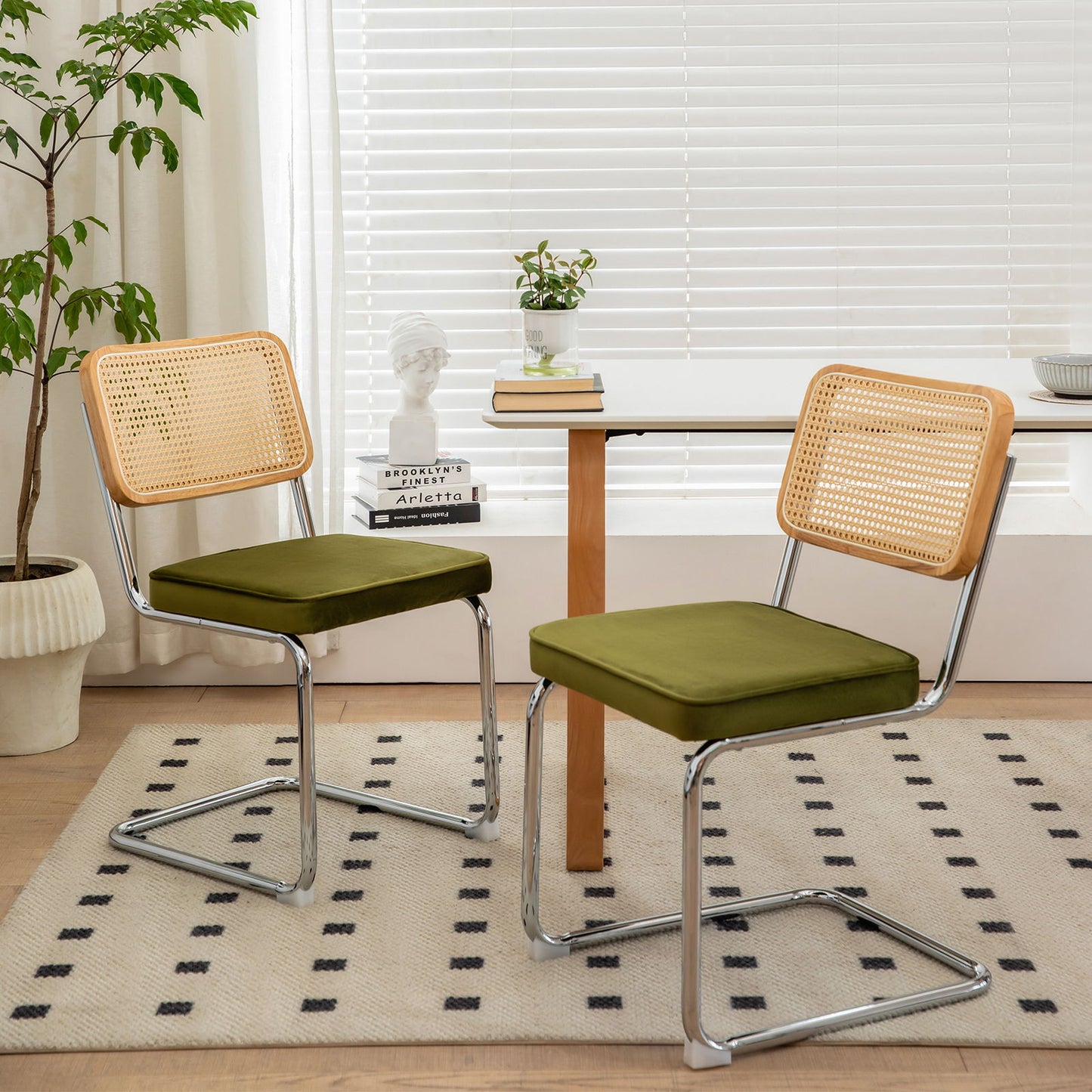 Dining Chairs, Velvet Rattan Side Accent Chairs With Chrome Legs, Modern Mid - Century Breuer Designed Chairs, Upholstered Dining Living Room Kitchen Chairs (Set of 2) - Olive Green