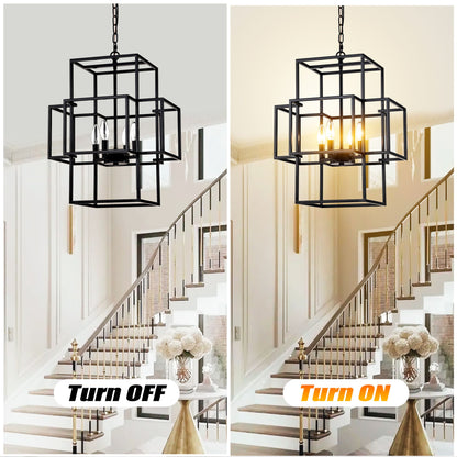 4 Light Metal Lantern Tiered Pendant Hanging Light Fixtures, Industrial Farmhouse Adjustable Height Chandeliers For Dining Room Hallway Foyer Entryway (E12 Bulbs Not Included) - Matte Black
