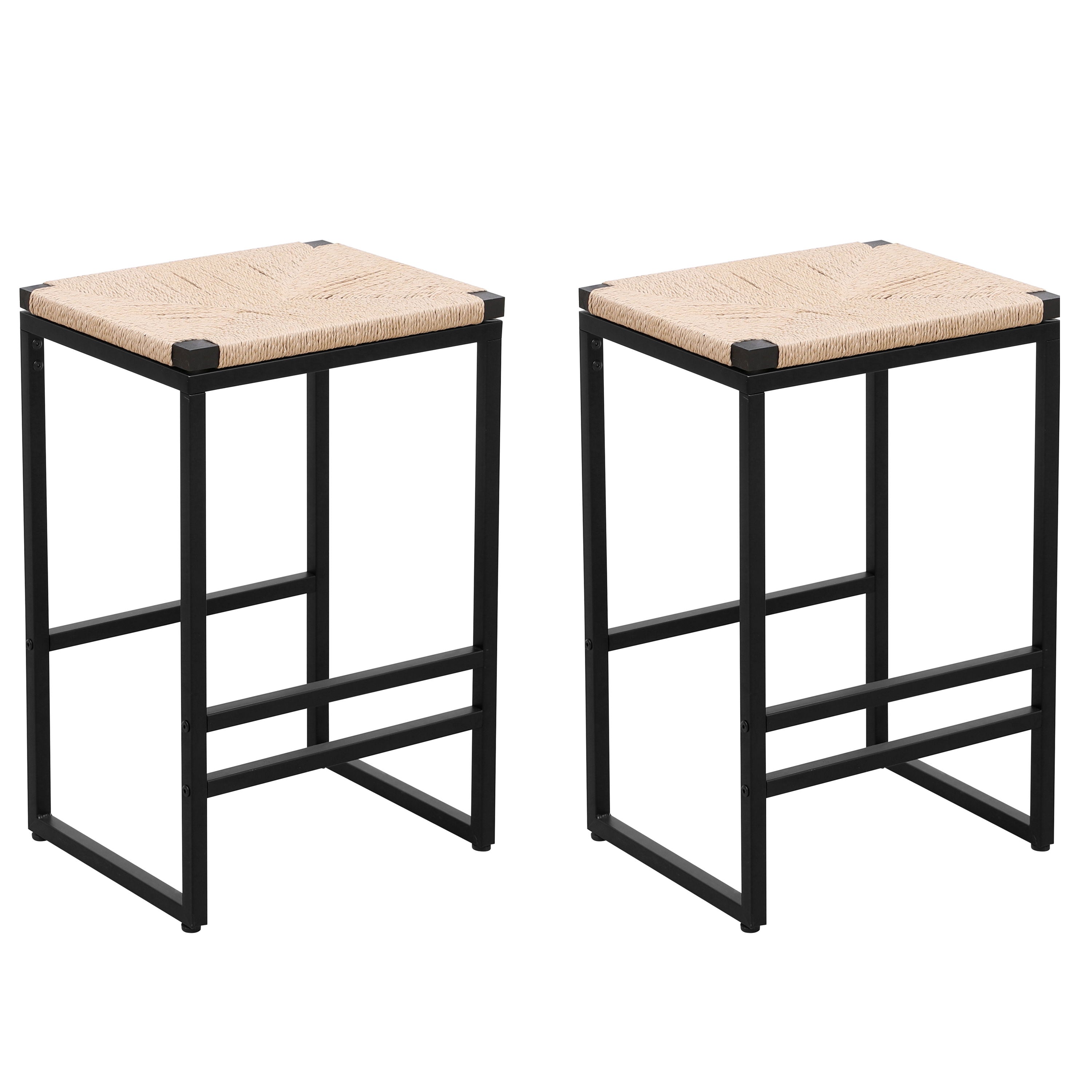 Boho Style Backless Bar Stools (Set of 2) With Paper Rope Woven Seat & Metal Frame For Kitchen Counter - Natural