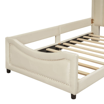 Twin Size Upholstered Daybed With Classic Stripe Shaped Headboard - Beige