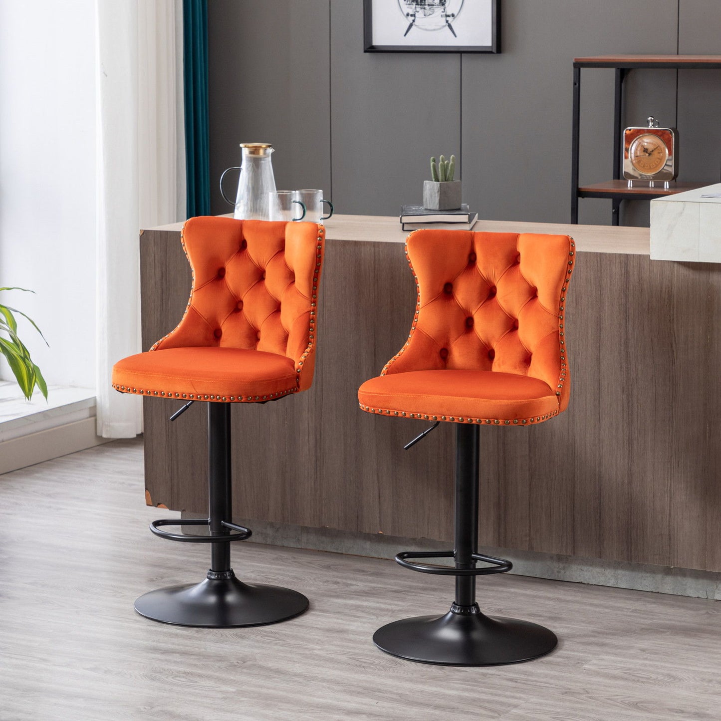 Swivel Velvet Barstools Adjusatble Seat Height, Modern Upholstered Bar Stools With Backs Comfortable Tufted For Home Pub And Kitchen Island (Set of 2) - Orange
