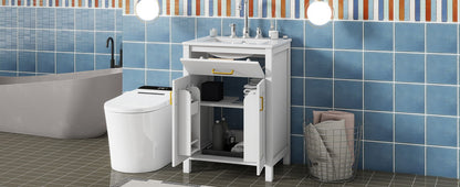 Bathroom Vanity Combo With Ceramic Sink, Luxurious Space-Saving Vanity, 2 Soft-Close Doors - Gold / White