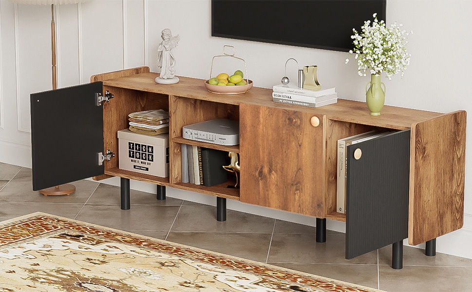 Mid Century TV Stand & 3 Cabinets, Media Console Table For Tvs Up To 70'', Entertainment Center With Storage For Living Room - Black / Brown
