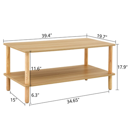 Modern 2 Tier Coffee Table For Living Room Furniture, Rectangular Center Table With Open Storage Shelf, Rounded Rubberwood Legs - Burly Wood