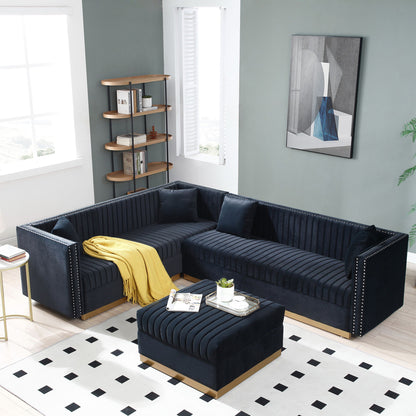 Contemporary Vertical Channel Tufted Velvet Sectional Sofa For Living Room Apartment With Ottoman And 4 Pillows - Black