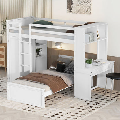Twin Size Loft Bed With A Stand Alone Bed, Shelves, Desk, And Wardrobe - White