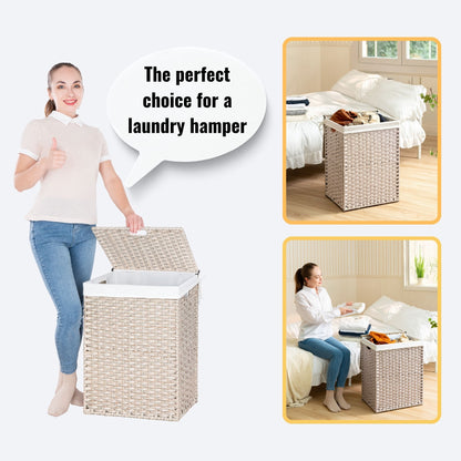 Laundry Hamper With Lid PE Rattan Powder Coating Frame Clothes Hampers With 2 Removable Bags, 100L - Gray