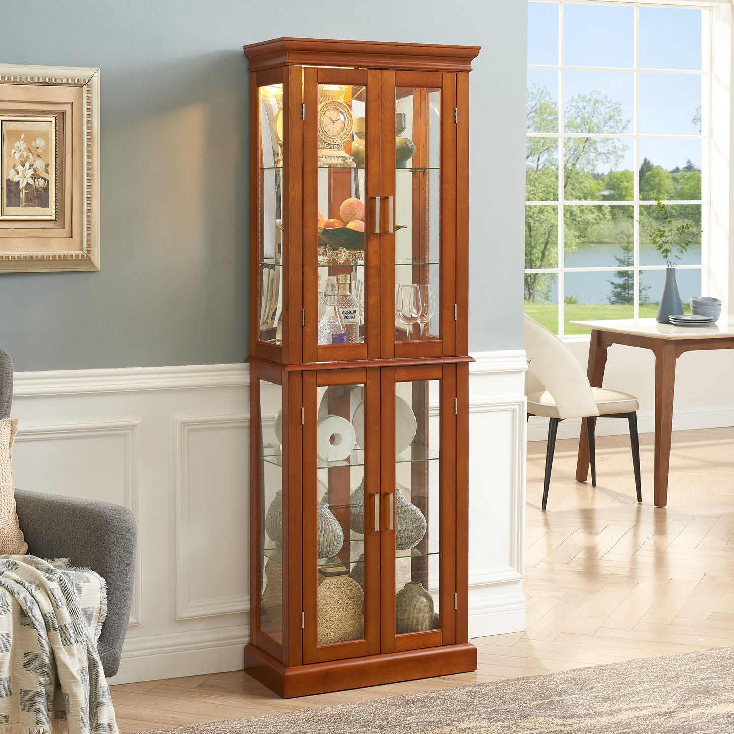 Curio Cabinet Lighted Curio Diapaly Cabinet With Adjustable Shelves And Mirrored Back Panel, Tempered Glass Doors (6 Tier), (E26 Light Bulb Not Included) - Walnut
