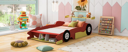Full Size Race Car Shaped Platform Bed With Wheels - Red