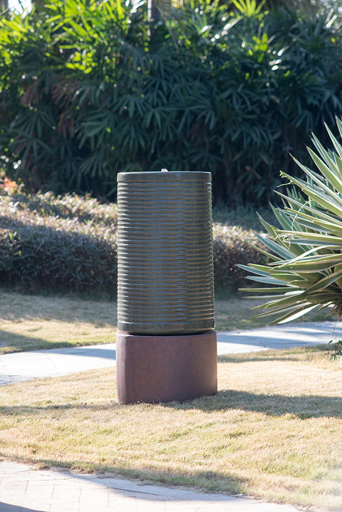 Tall Large Modern Cylinder Ribbed Tower Water Fountain With Rustic Base, Contemporary Antique Green Copper Outdoor Bird Feeder / Bath Cement Fountain - Antique Green