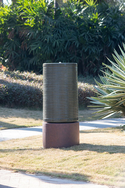 Tall Large Modern Cylinder Ribbed Tower Water Fountain With Rustic Base, Contemporary Antique Green Copper Outdoor Bird Feeder / Bath Cement Fountain - Antique Green