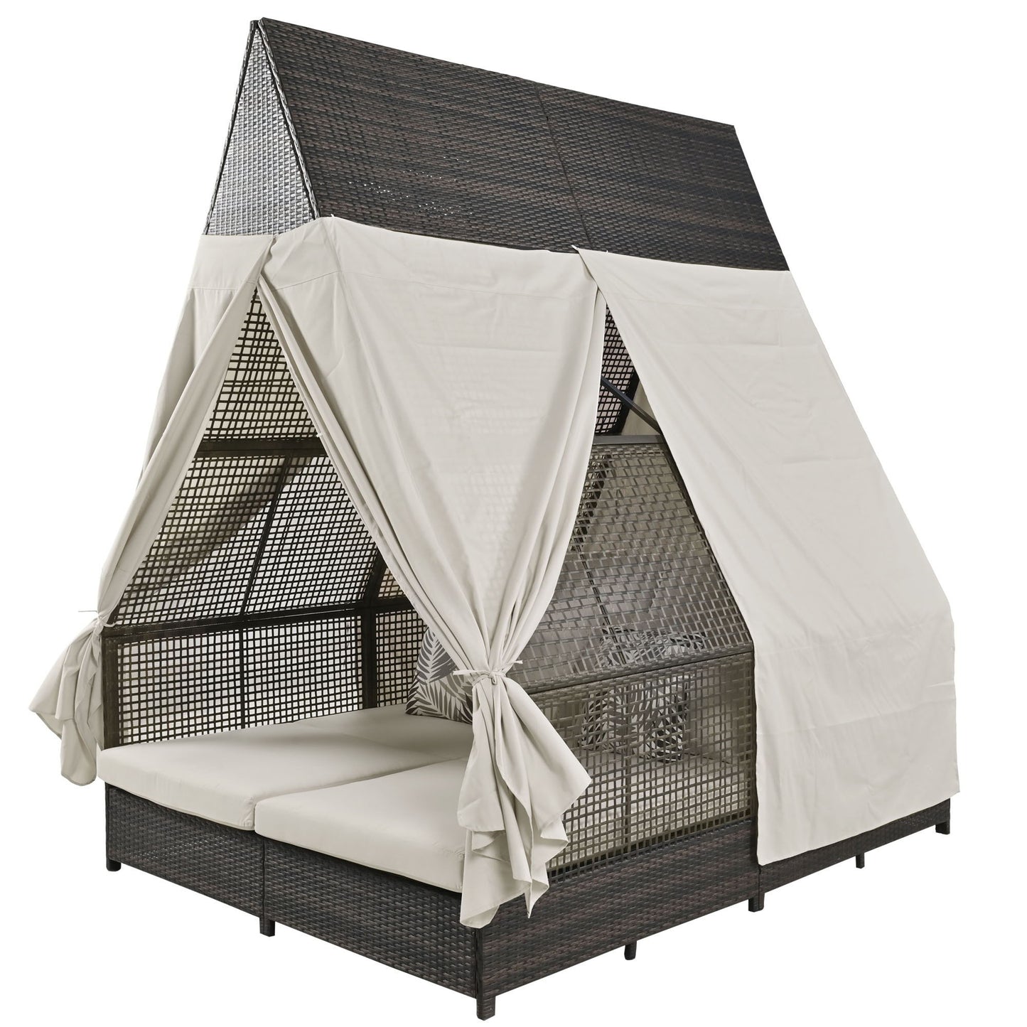 Outdoor Daybed Patio Lounge Bed With Adjustable Backrest Double Sun Lounger With Curtains, 4 Pillows For Garden Patio Poolside Balcony Beach - Beige
