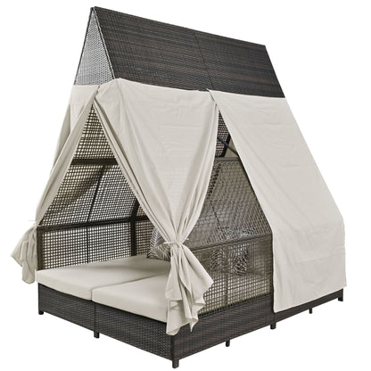 Outdoor Daybed Patio Lounge Bed With Adjustable Backrest Double Sun Lounger With Curtains, 4 Pillows For Garden Patio Poolside Balcony Beach - Beige
