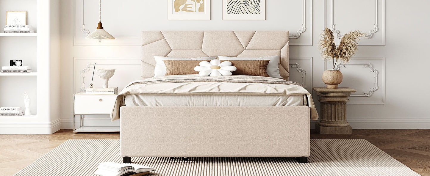 Full Size Upholstered Platform Bed With Brick Pattern Headboard And Twin Size Trundle - Beige
