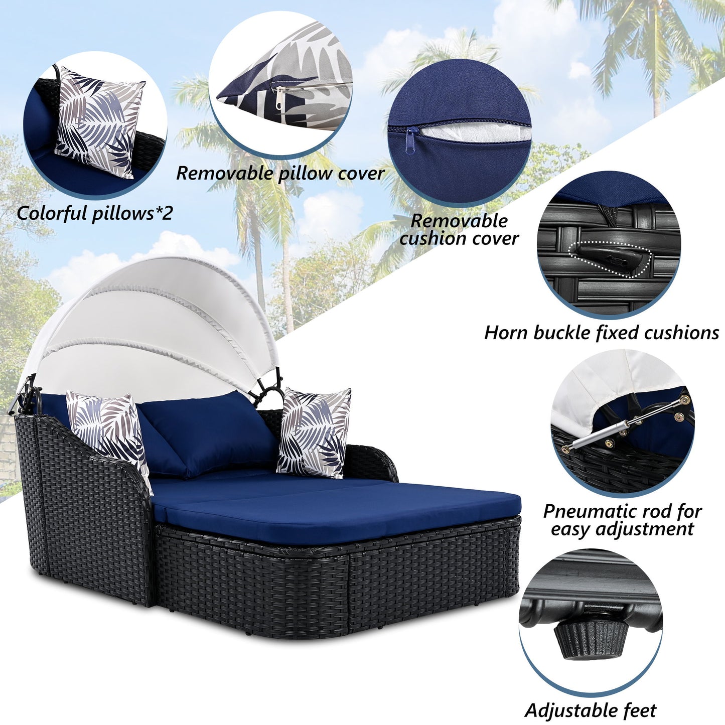 Outdoor Sunbed With Adjustable Canopy, Double Lounge, Daybed - Black / Blue