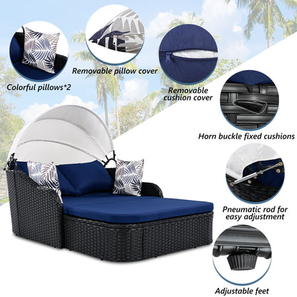 Outdoor Sunbed With Adjustable Canopy, Double Lounge, Daybed - Black / Blue
