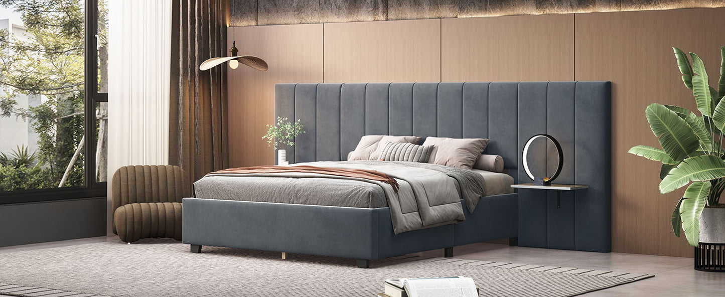 Queen Size Upholstered Platform Bed With Big Headboard - Gray