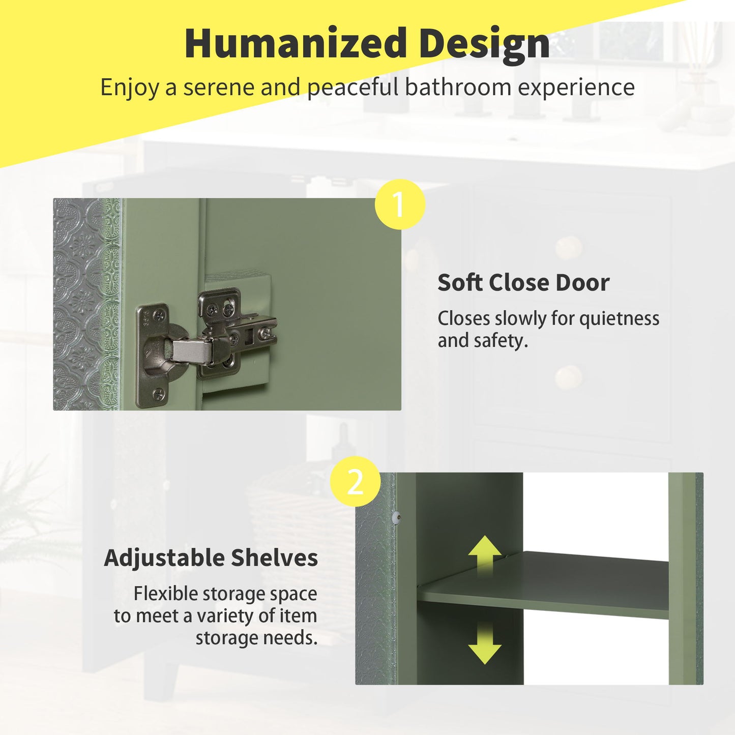Bathroom Vanity With Two Soft Close Doors, Adjustable Shelves And Three Drawers - Green