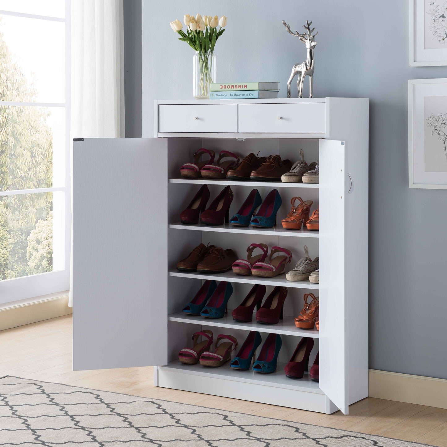 Shoe Storage Cabinet With Fives Shelves, Two Drawers, Fits 15 Pairs Of Shoes - White