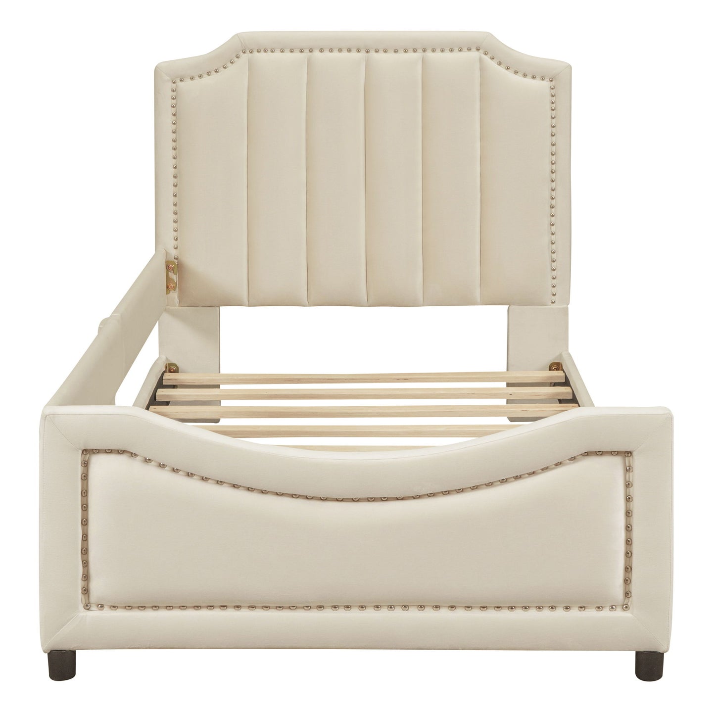 Twin Size Upholstered Daybed With Classic Stripe Shaped Headboard - Beige