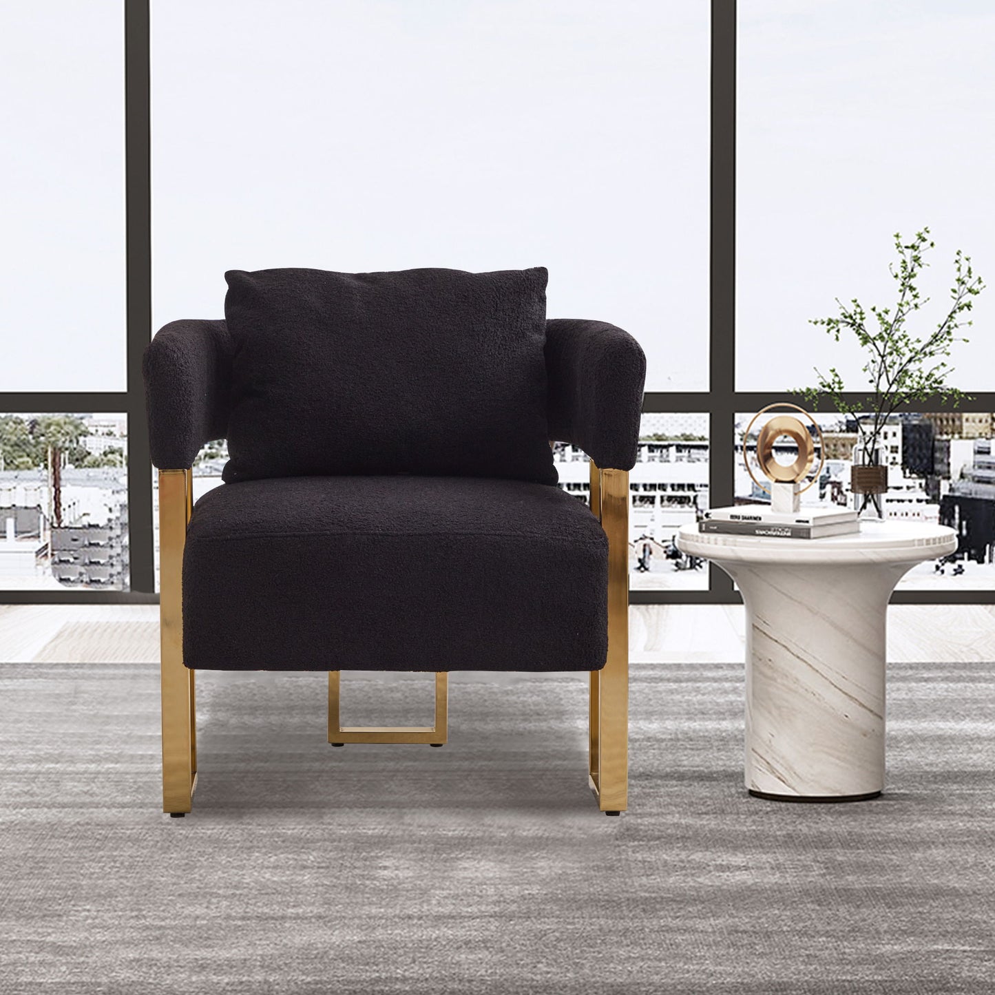 Modern Decorative Chair, Living Room Side Chair With Gold Metal Legs, No Wheels, Suitable For Dressing Area, Reception Room, Office, Teddy Fleece Upholstered Metal Foot Sofa 2 Pieces - Black