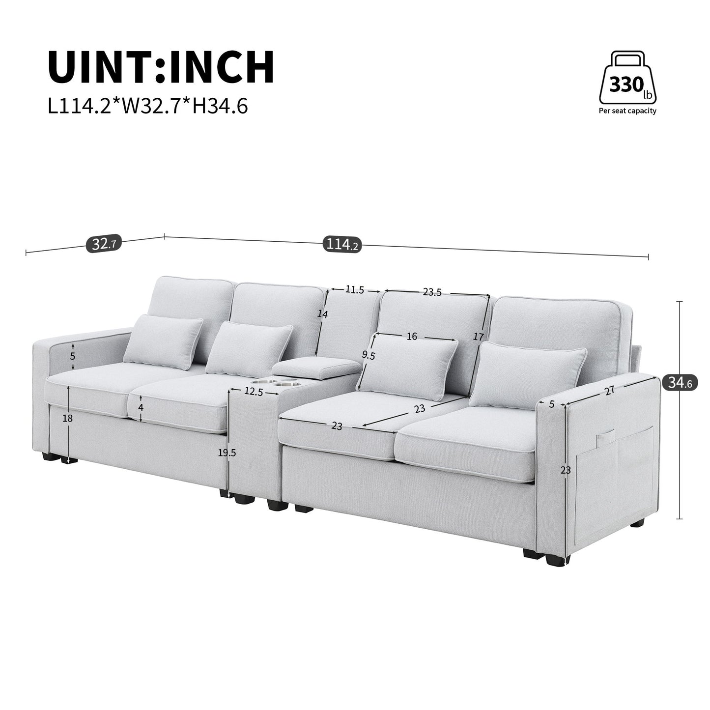 Upholstered Sofa With Console, 2 Cupholders And 2 USB Ports Wired Or Wirelessly Charged, Modern Linen Fabric Couches With 4 Pillows (4 Seat) - Light Gray